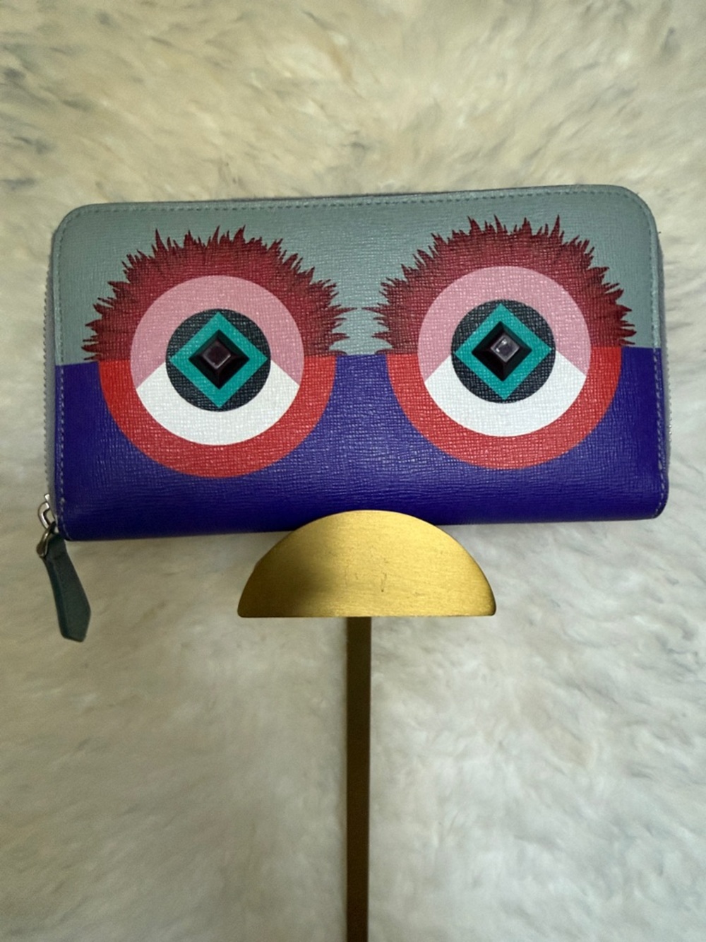 Fendi Colorblock Zip Wallet in Teal, Purple, Red and Pink Eye Motif